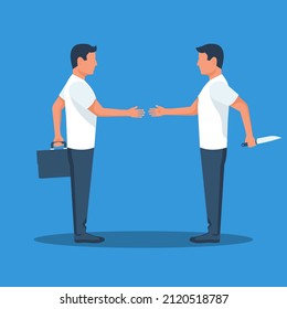 Betrayal metaphor. Two businessman shaking hands. Traitor  businessman holds a knife for back. Cartoon male characters. Betrayal and lies. Vector illustration flat design.