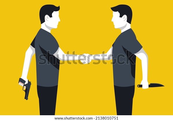 Betrayal metaphor.\
Two businessman shaking hands. Traitor  businessman holds a knife\
for back and pistol. Cartoon male characters. Betrayal and lies.\
Vector illustration flat\
design.