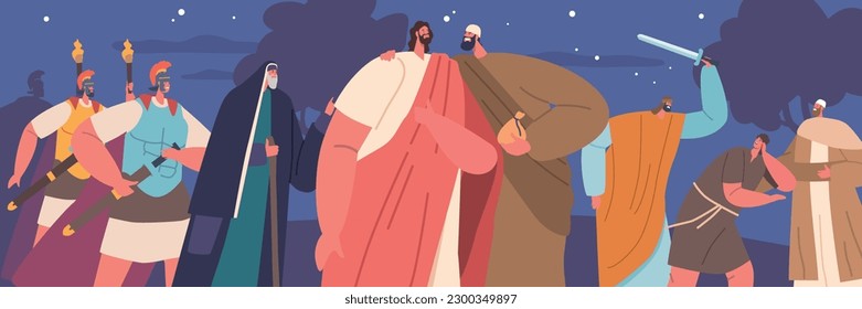 Betrayal Scene Of Jesus. Judas Iscariot Identifies Jesus To Soldiers With A Kiss In Exchange For Thirty Pieces Of Silver