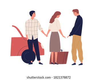 Betrayed husband saying goodbye wife going to another man vector flat illustration. Female with suitcase leave unhappy male isolated on white. Concept of love triangle and family destruction