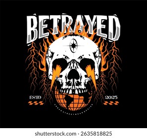 Betrayed slogan with a fire skull in a grunge urban style. Perfect for t-shirt design, streetwear, apparel, posters, and more. Vector illustration