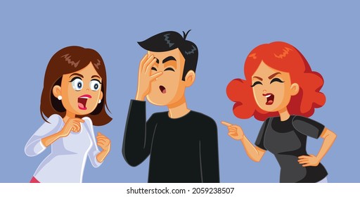 Betrayed Women Arguing with Unfaithful Man Vector Illustration. Wife and mistress fighting over remorseful man feeling sorry making face palm gesture
