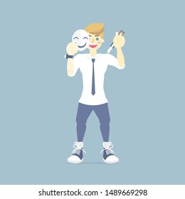 betrayer jealous man hiding, holding under smiling mask, depression and melancholy,  back stab concept, vector illustration cartoon flat character design clip art