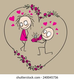 Betrothal. Guy does your girlfriend. Gives the ring. Vector cartoon illustration