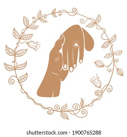 Betrothal.Silhouette of a man's hand and silhouette of a woman's hand with a wedding ring in a beautiful floral frame.Stock illustration isolated on white background. Wedding invitation concept,vector