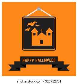 Bets flying around old Church building with moon icon. Black Happy Halloween Ribbon Banner on Orange background. Vector illustration
