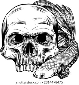 betta fish around human skull. vector illustration on white background