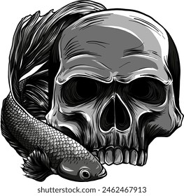 betta fish around human skull. vector illustration on white background