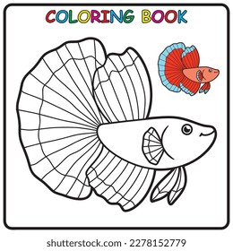 Betta fish coloring page for a children's book with colorful examples. Image in vector format. great coloring activity for children and toddlers