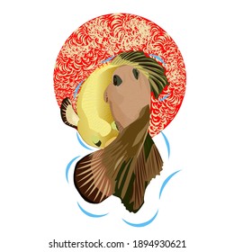 betta fish, fighting fish mate after the male makes bubbles nest, the Indonesian people called (cupang) isolated on red circle. Vector Illustration.