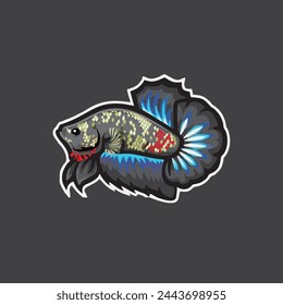The betta fish is gray with red spots and has dark blue and red fins. and the fish is swimming.
