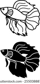 Iconos de pescado Betta. Ilustraciones vectoriales blancas y negras. Betta siamés, peces de acuario. Para el diseño de libros para colorear. Concepto de animales domésticos
