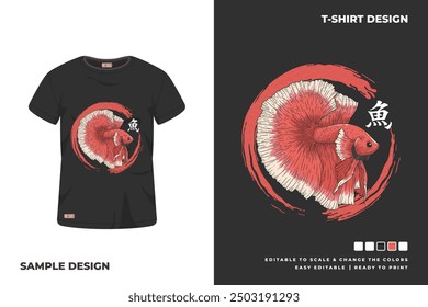 Betta Fish Camiseta Diseño Vector Letra kanji significa pescado