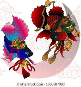 Betta Fisch tätowieren Logo mit Muster thailändischen traditionellen