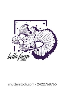 betta fish vintage line art style. vector illustration, black and white colors