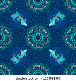 Betta splendens fish or fighting fish design with  lagoon concept and decorative with mandala  in fantasy blue tone for seamless pattern vector with blue background