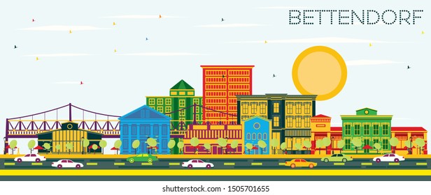 Bettendorf Iowa City Skyline with Color Buildings and Blue Sky. Vector Illustration. Business Travel and Tourism Illustration with Modern Architecture. Bettendorf Cityscape with Landmarks.