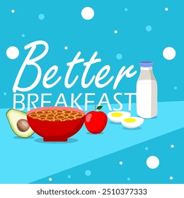 Better Breakfast Day event food banner.  Breakfast menu such as milk, boiled eggs, apple and avocado with bold text on light blue background to celebrate on September 26th