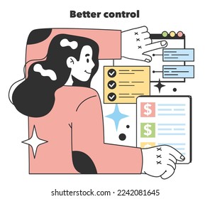 Un mejor control como aspectos positivos sobre el inicio y desarrollo de una nueva start-up, pequeñas empresas locales. Potencial de crecimiento y éxito. Ilustración de vectores planos