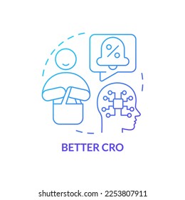 Mejor icono de concepto de gradiente azul CRO. Investigación del comportamiento de los clientes. Integración de la IA en el marketing de la idea abstracta de la ilustración de la línea delgada. Dibujo de contorno aislado. Se usa una fuente Myriad Pro-Bold