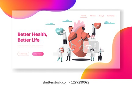 Better Health, Heart Life Test Landing Page. Cardiologist write Case History in Personal Card. Female bring Medicine Container. Male with Stethoscope listen Heartbeat. Flat Cartoon Vector Illustration