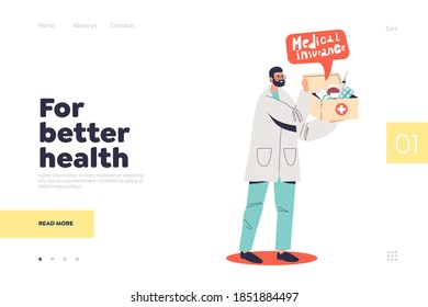 Better health with health insurance concept of landing page with medical doctor holding medicines. Health protection and care layout. Flat vector illustration
