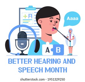 Better Hearing And Speech Month Concept Vector. BHSM Event Is Observed Each Year In May. Tiny Doctors Treat And Examine Patient Ear. Otolaryngology, Speech Therapist Health Care Concept. 