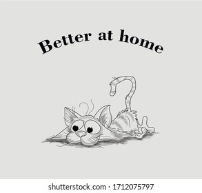 Better at home, banner for quarantine, cat image on gray background, vector