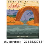 Better at the lake. Outdoors vector print design. Explore hill artwork for posters, stickers, background and others.  