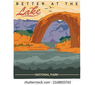 Better at the lake. Outdoors vector print design. Explore hill artwork for posters, stickers, background and others.  