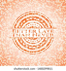 Better Late than Never orange tile background illustration. Square geometric mosaic seamless pattern with emblem inside.