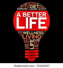 A Better Life bulb word cloud collage, health concept background