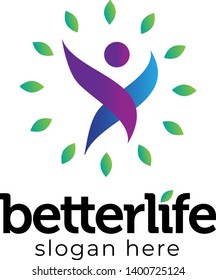 better life organic logo concept with rounded leaves and v people shape