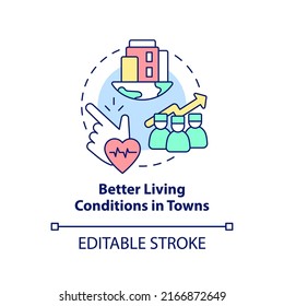 Better Living Conditions In Towns Concept Icon. Improving Healthcare Access Abstract Idea Thin Line Illustration. Isolated Outline Drawing. Editable Stroke. Arial, Myriad Pro-Bold Fonts Used