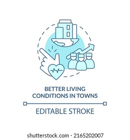 Better Living Conditions In Towns Turquoise Concept Icon. Improve Healthcare Access Abstract Idea Thin Line Illustration. Isolated Outline Drawing. Editable Stroke. Arial, Myriad Pro-Bold Fonts Used