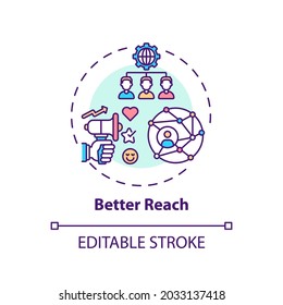 Better Reach Concept Icon. Hybrid Event Benefit Idea Thin Line Illustration. Reaching Global Audience. In-person, Remote Attendance. Vector Isolated Outline RGB Color Drawing. Editable Stroke