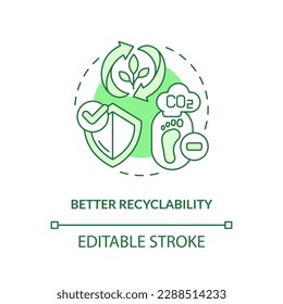 Better recyclability green concept icon. Reduce carbon footprint. Bio based materials benefit idea thin line illustration. Isolated outline drawing. Editable stroke. Arial, Myriad Pro-Bold fonts used