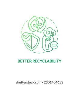 Better recyclability green gradient concept icon. Carbon footprint reduction. Bio based materials benefit idea thin line illustration. Isolated outline drawing. Myriad Pro-Bold font used