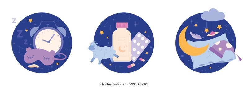 Mejor dormir los artículos. Elementos de meditación de la cama, terapia de sueño concepto de alivio del insomnio, reloj despertador de almohadas de mascarilla facial y píldoras para soñar sano, iconos vectoriales ilustración del sueño de la noche