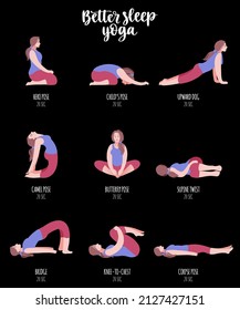 Better sleep yoga. Poses for good rest. Fitness exercises girl. A set of yoga postures female figures for Infographic. Hand drawn vector decorative illustration in trendy flat style.