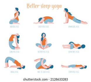 Mejor yoga para dormir. Poses para un buen descanso. La chica de los ejercicios de fitness. Un conjunto de posturas de yoga para figuras femeninas de Infographic. Ilustración decorativa de vectores dibujados a mano en estilo plano a la moda.