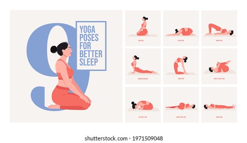 Better sleep yoga poses. Young woman practicing Yoga pose. Woman workout fitness, aerobic and exercises. Vector Illustration.	