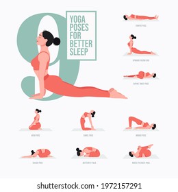  Better sleep yoga poses. Young woman practicing Yoga pose. Woman workout fitness, aerobic and exercises. Vector Illustration.	