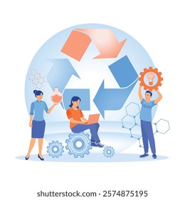 Better teamwork and environmental innovation. The team collaborates on sustainable solutions with recycling and renewable energy. Circular Economy concept. Flat vector illustration.