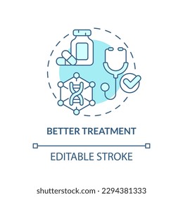 Mejor tratamiento, icono del concepto turquesa. Realización de un tratamiento mejorado para los pacientes. Beneficio de la medicina de precisión idea abstracta ilustración de línea delgada. Dibujo de contorno aislado. Trazo editable