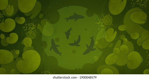 Betting with fish top view. Swamp or lake with water lilies. Vector illustration.