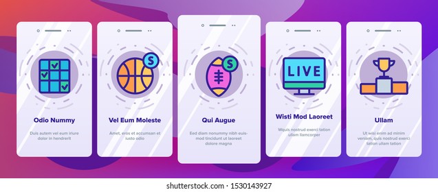 Betting Football Game Onboarding Mobile App Page Screen Vector Icons Set Thin Line. Casino Chip And Coin, Smartphone and Tv Monitor, Basketball And Box Betting Linear Pictograms. Contour Illustrations