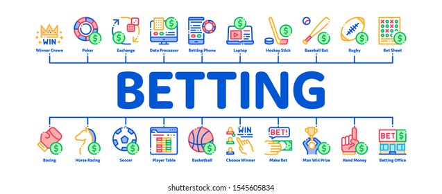 Betting And Gambling Minimal Infographic Web Banner Vector. Basketball And Baseball, Hockey And Boxing, Horse Racing And Card Game Betting Concept Linear Pictograms. Color Contour Illustrations