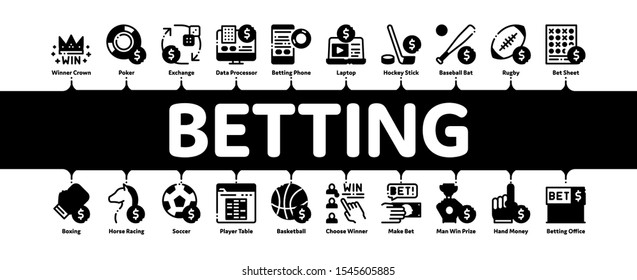 Betting And Gambling Minimal Infographic Web Banner Vector. Basketball And Baseball, Hockey And Boxing, Horse Racing And Card Game Betting Concept Linear Pictograms. Contour Illustrations