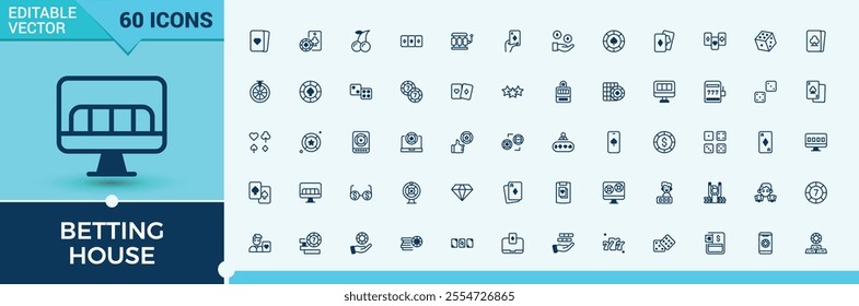 Betting House icon set. Contains related to machine, reel, diamond, glyph, cards, game, simple and more. Perfect for logos and infographics. Vector outline and solid icons collection.